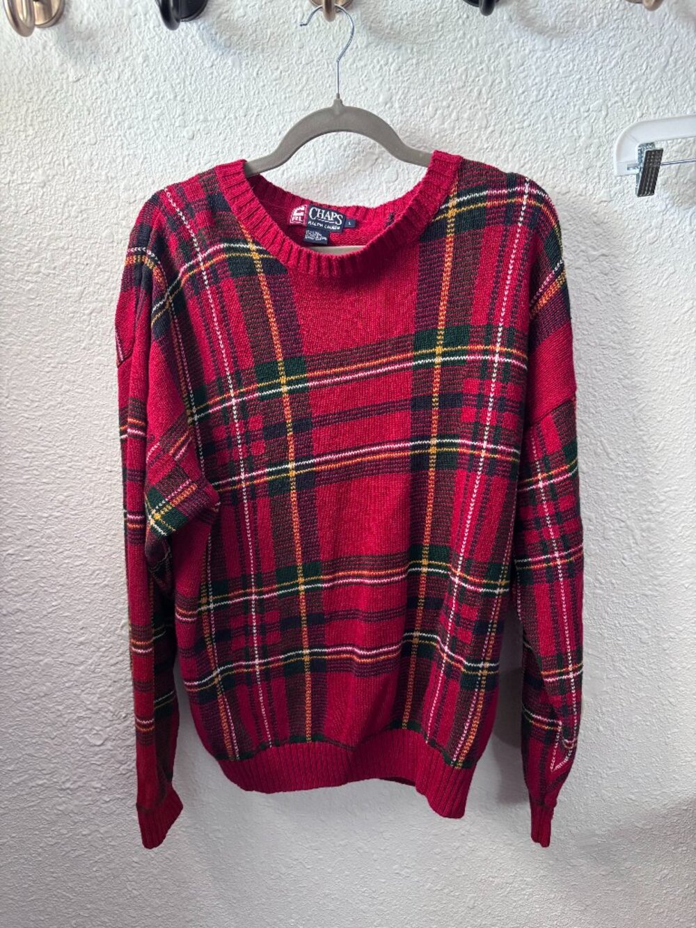 Vintage Chaps Ralph Lauren Men’s Sweater L Red Plaid Preppy Holiday Grandpa